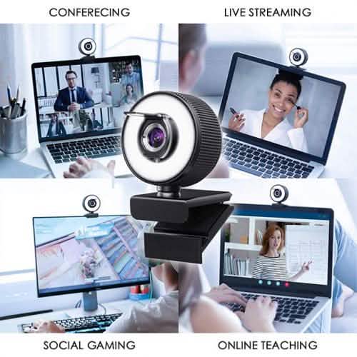 2K HD Webcam with Built-In 18 LED Adjustable Ring Light and Microphone