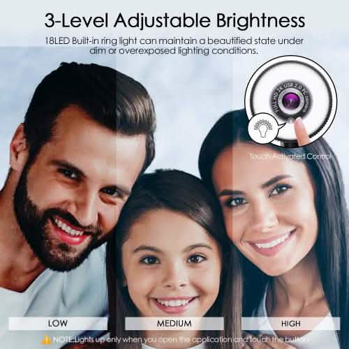 2K HD Webcam with Built-In 18 LED Adjustable Ring Light and Microphone