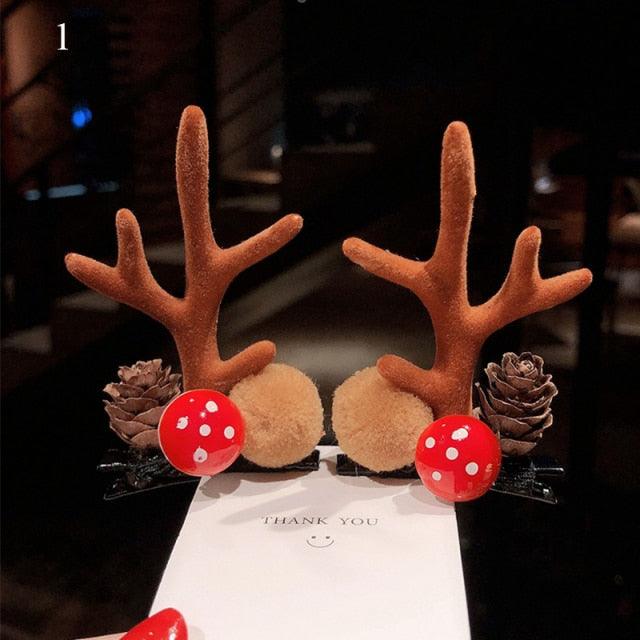 2pcs Cute Deer Ear Hairpins Christmas Hair Clips For Girls Cartoon Antlers Barrettes Lovely Pompom Hairgrips Fashion Hair Accessories For Women