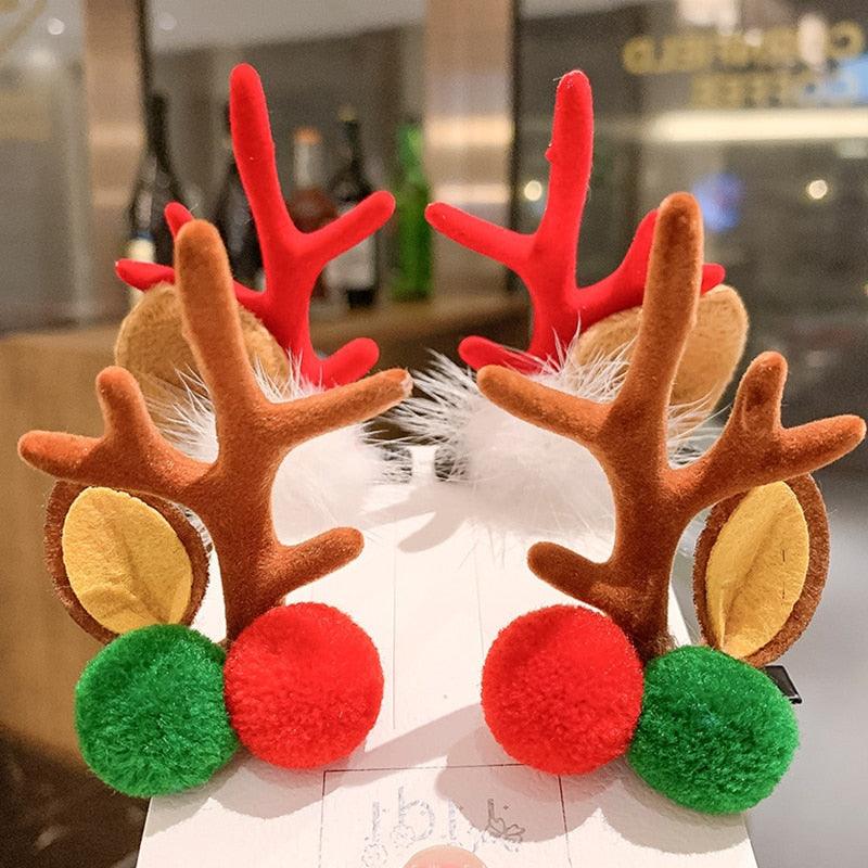 2pcs Cute Deer Ear Hairpins Christmas Hair Clips For Girls Cartoon Antlers Barrettes Lovely Pompom Hairgrips Fashion Hair Accessories For Women