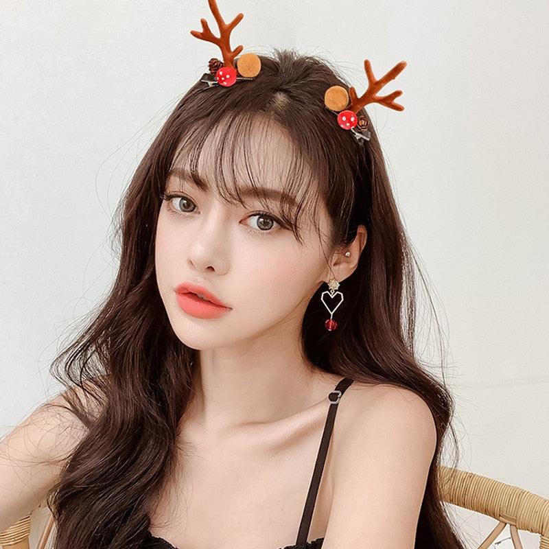 2pcs/set Christmas Hair Clips For Girls Cute Deer Ear Hairpins Hairgrips Kids Christmas Antler Hairpin Barrette Fashion Hair Accessories For Women