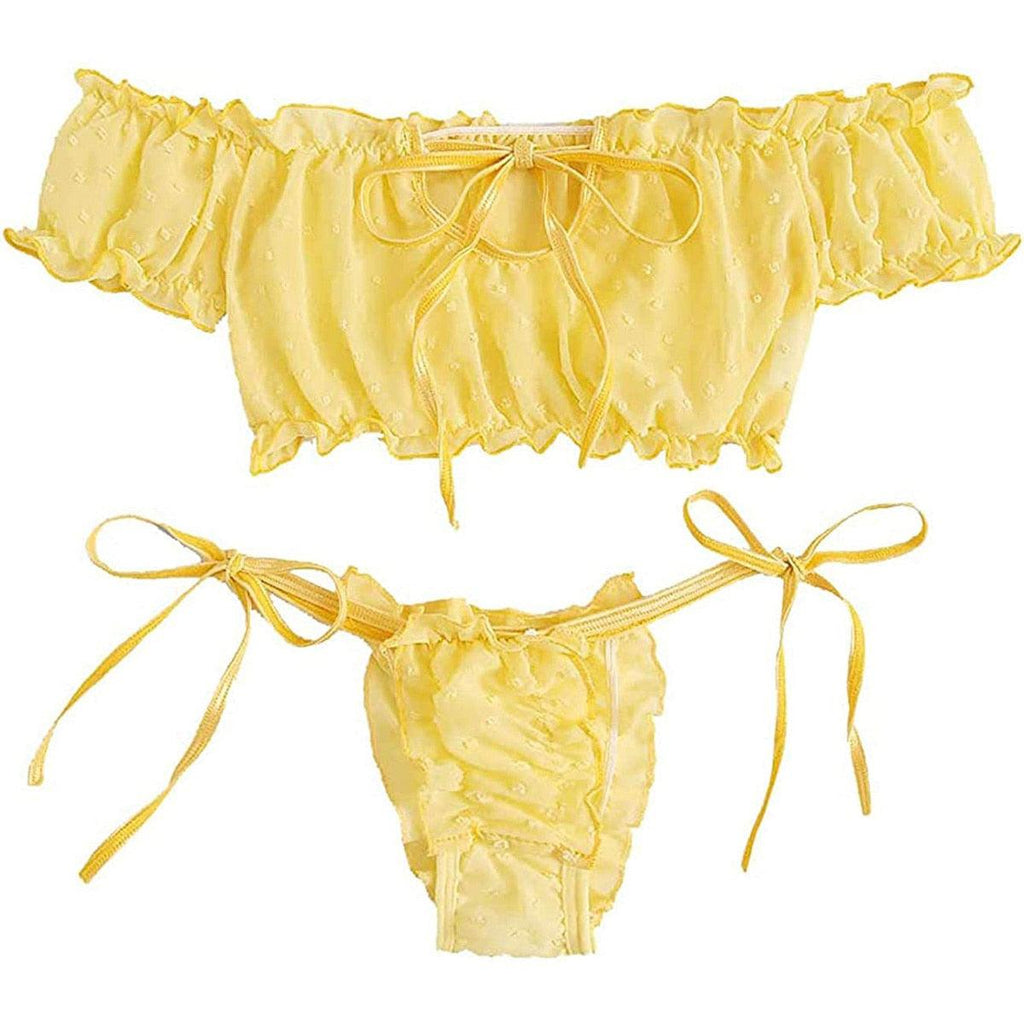 2PCS/Set Off Shoulder Lace Up Bikinis Women Sweet Women's Bathing Suit Two Piece Strap Swimsuit Swimwear Bikini Beachwear Set Casual Short Sleeve Suits Swimsuits Beachwear Bathing Suits