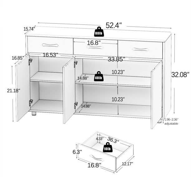 3 Drawer Sideboard Buffet Storage Cabinet