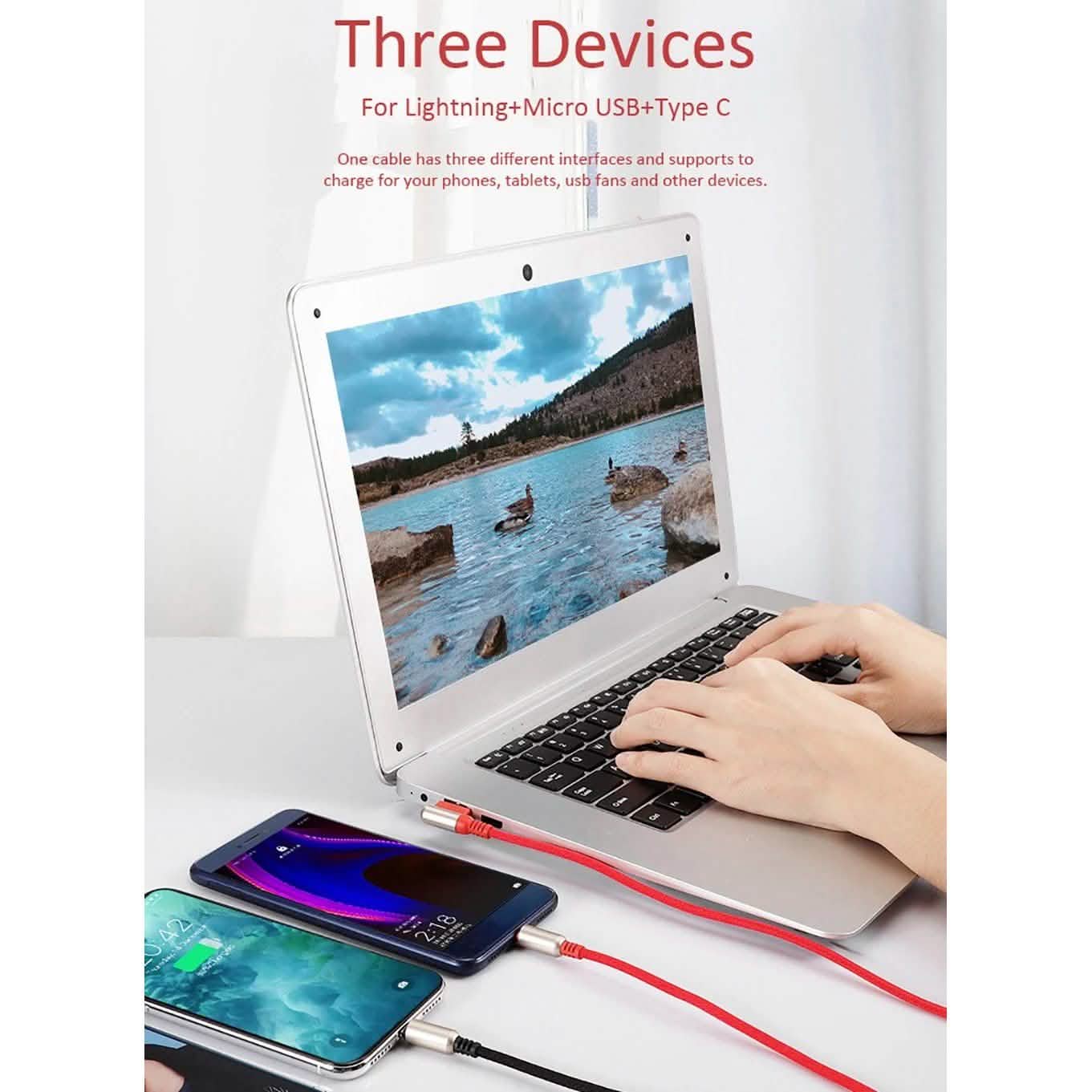 3-In-1 Charging Cable USB to Micro USB + Type C + Lightning Charging Cable Fast Charging