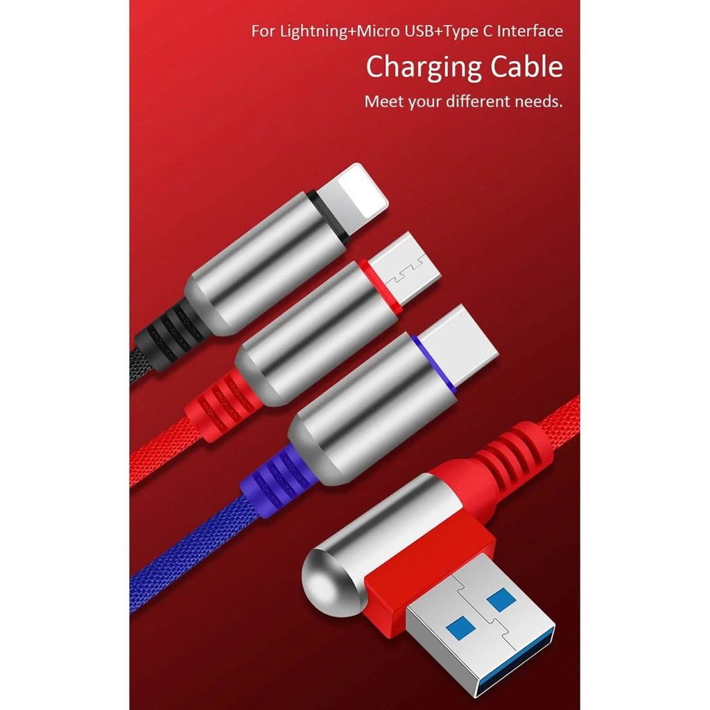 3-In-1 Charging Cable USB to Micro USB + Type C + Lightning Charging Cable Fast Charging