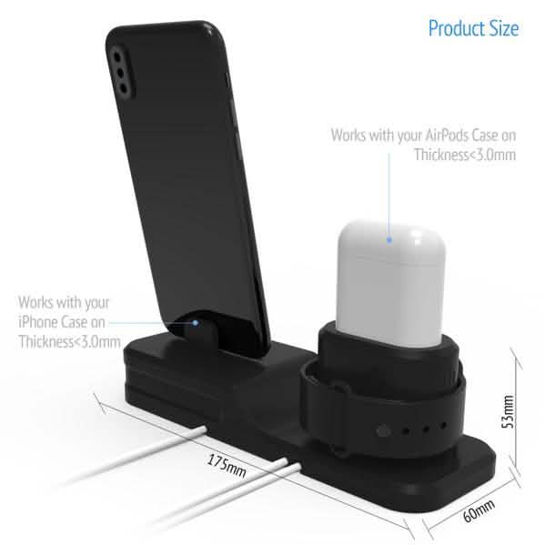 3-in-1 Silicone Charging Station Dock for Apple Watch AirPods and iPhone + 2 Lightning Cables