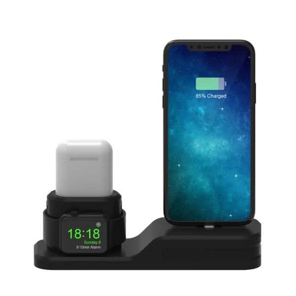 3-in-1 Silicone Charging Station Dock for Apple Watch AirPods and iPhone + 2 Lightning Cables