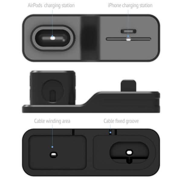 3-in-1 Silicone Charging Station Dock for Apple Watch AirPods and iPhone + 2 Lightning Cables
