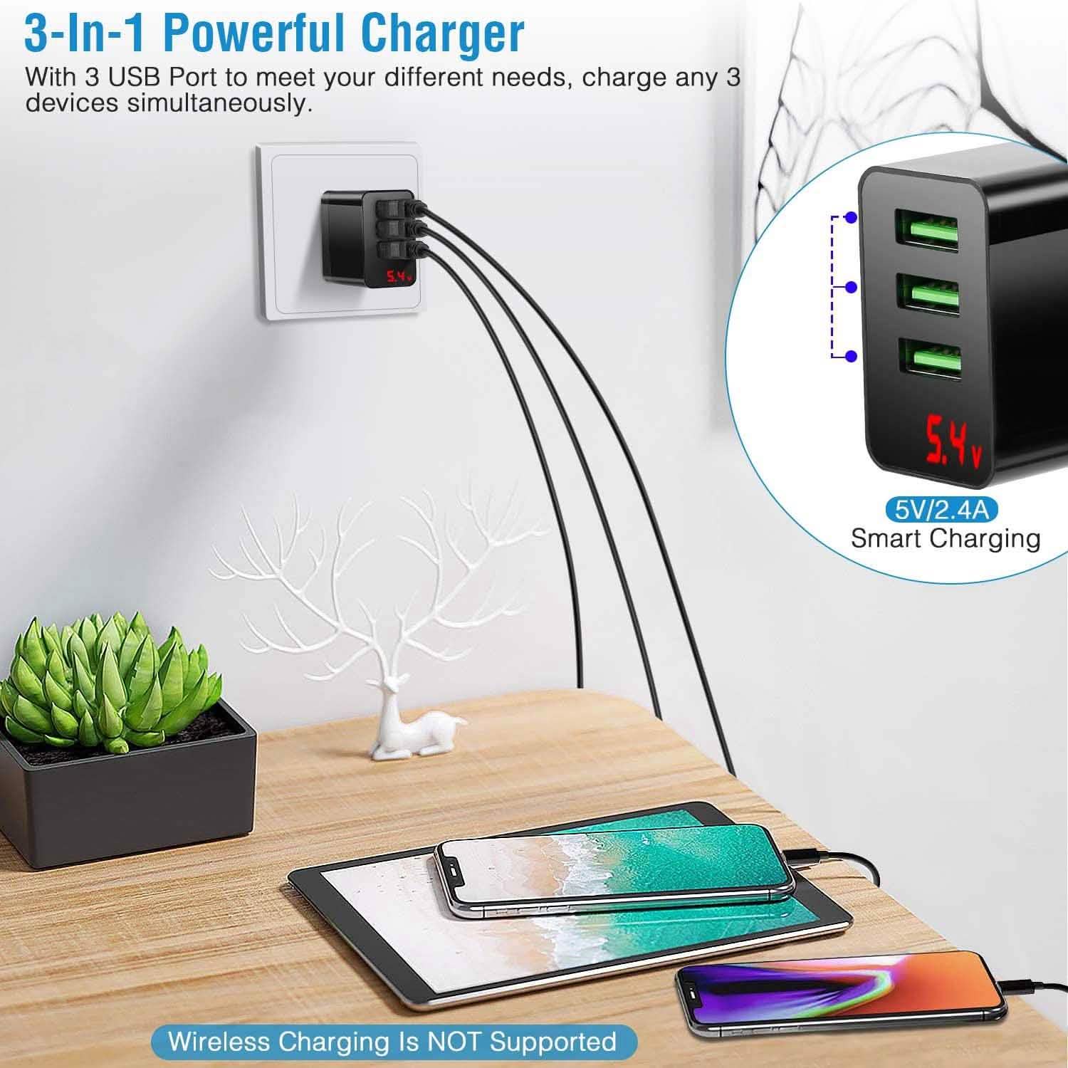 3-Pack: 3-Port USB Hub Charger Wall Power Charging Plug Adapter