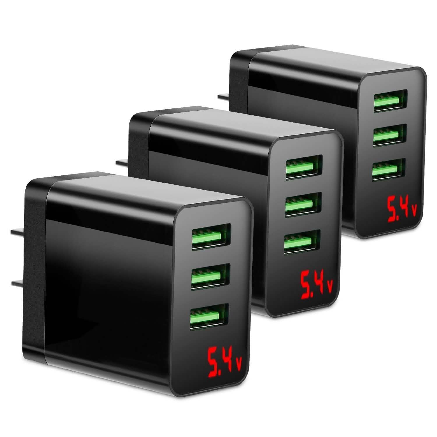 3-Pack: 3-Port USB Hub Charger Wall Power Charging Plug Adapter