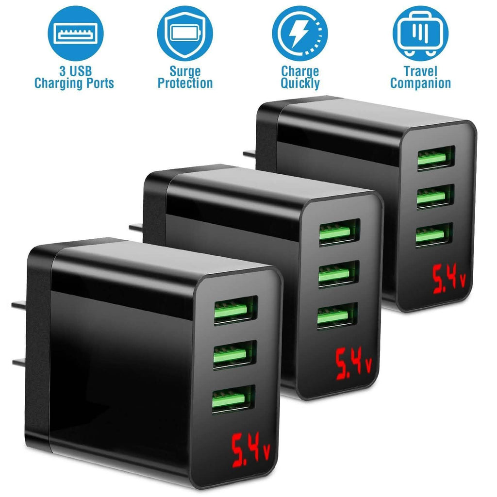 3-Pack: 3-Port USB Hub Charger Wall Power Charging Plug Adapter
