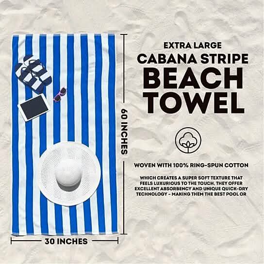 3-Pack: 30" x 60" Ultra-Soft 100% Cotton Striped Pool Cabana Hotel Beach Towels