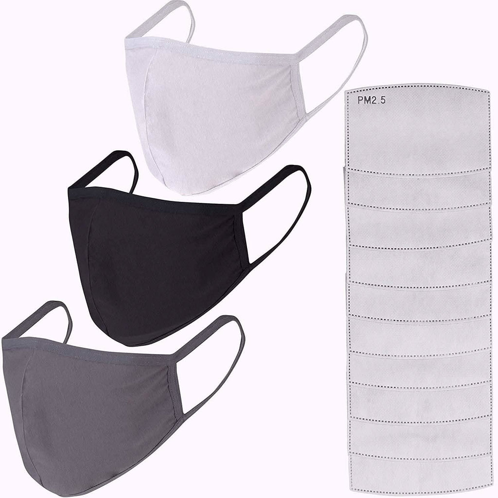 3-Pack: Cotton Reusable Face Masks with 10 Filters