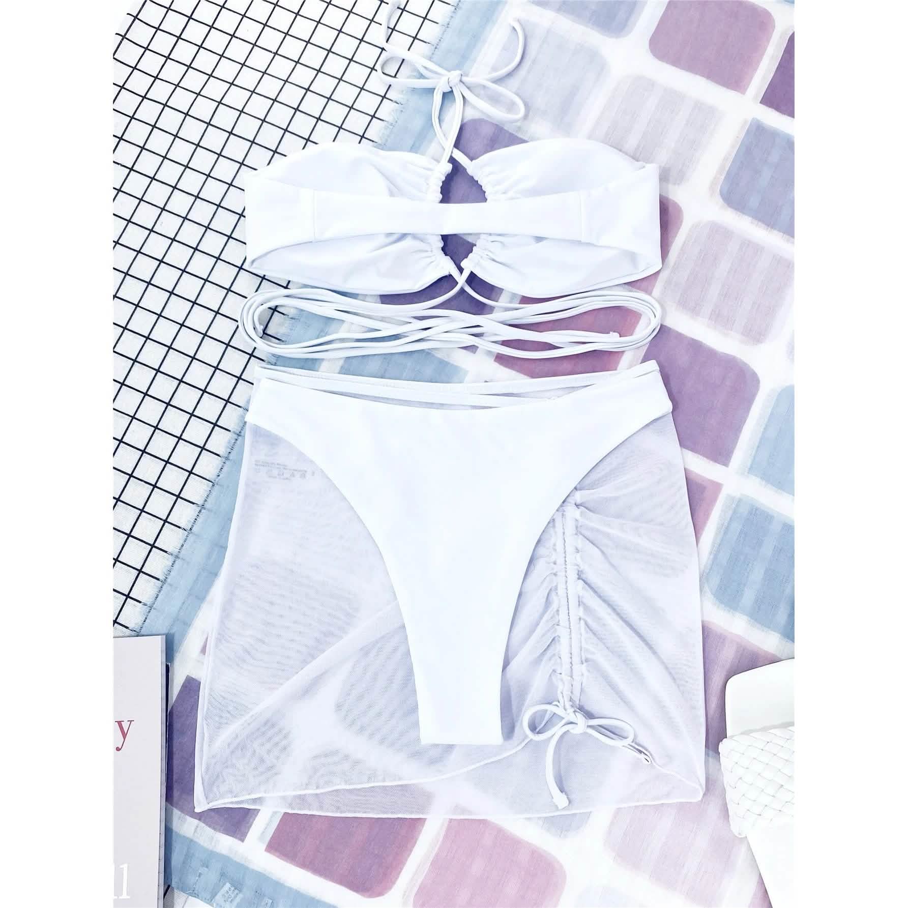 3-Pack: Criss Cross Halter Bikini Swimsuit & Beach Skirt