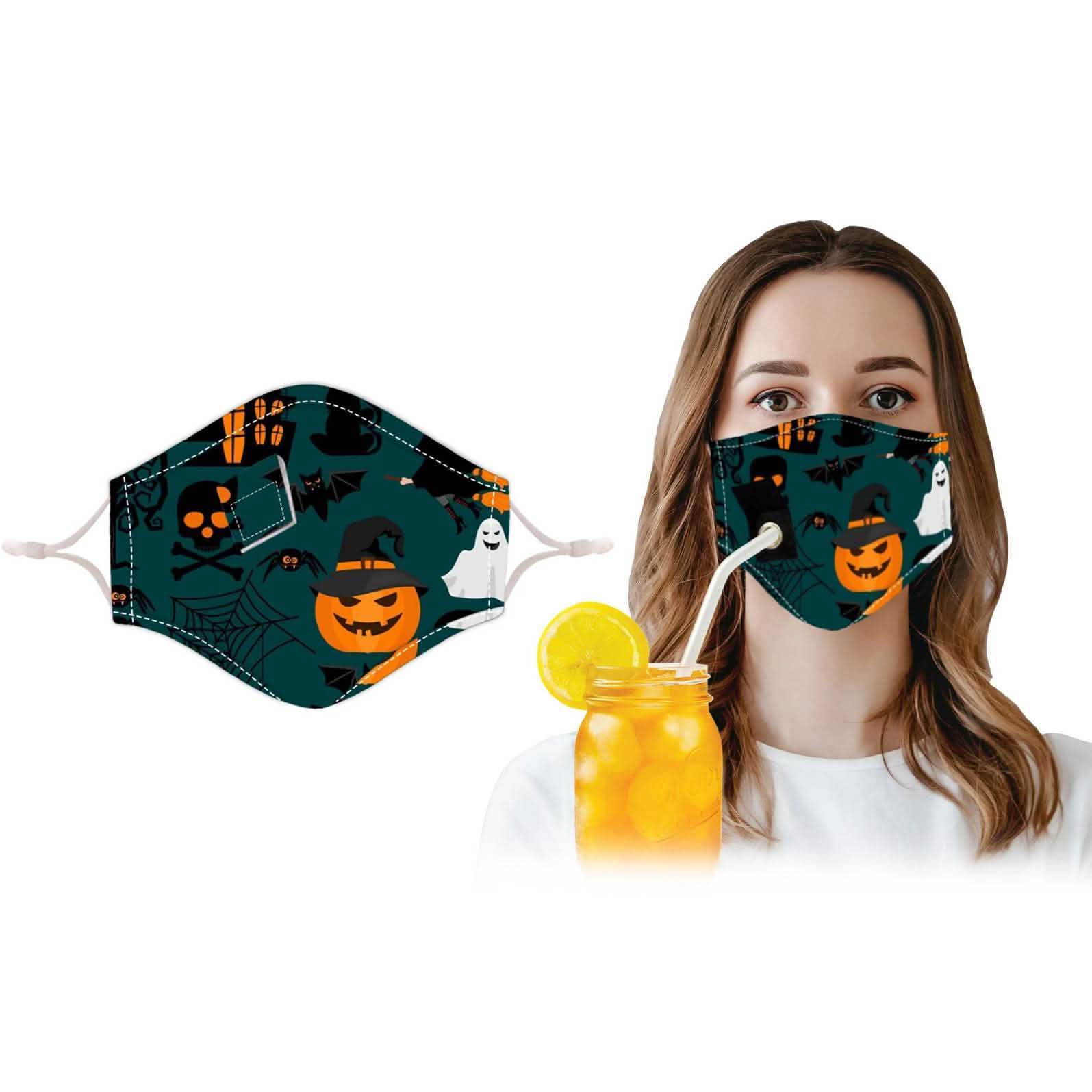 3-Pack: Halloween Special Reusable Face Mask With Drinking Straw Hole