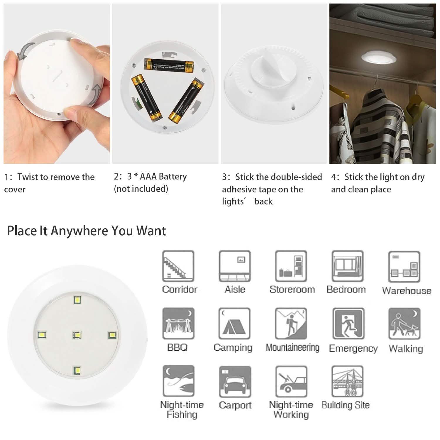 3-Pack: LED Wireless Puck Closet Lights