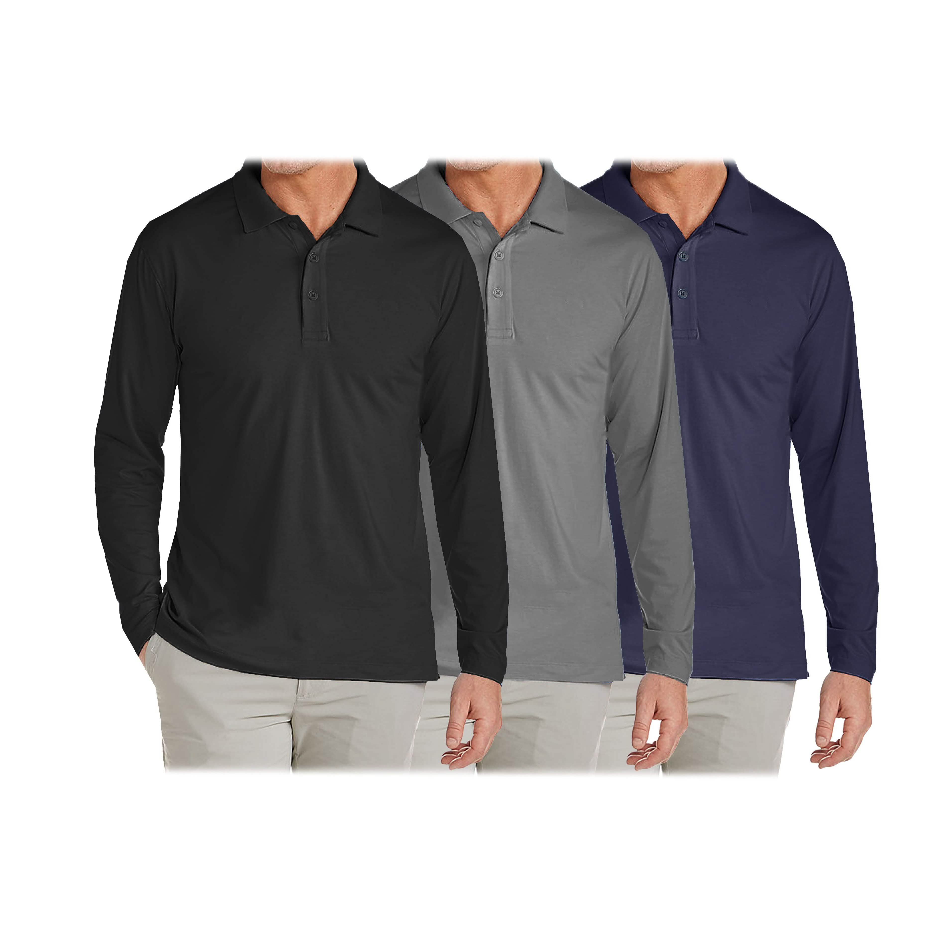 3-Pack: Men's Long Sleeve Pique Polo Shirts