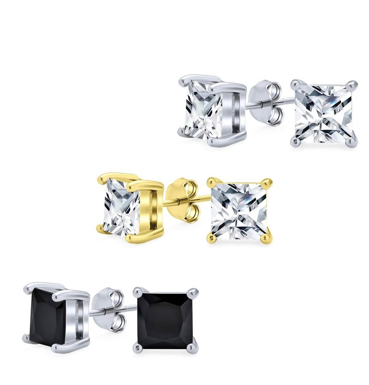 3-Pack: Sterling Silver Princess Cut Studs