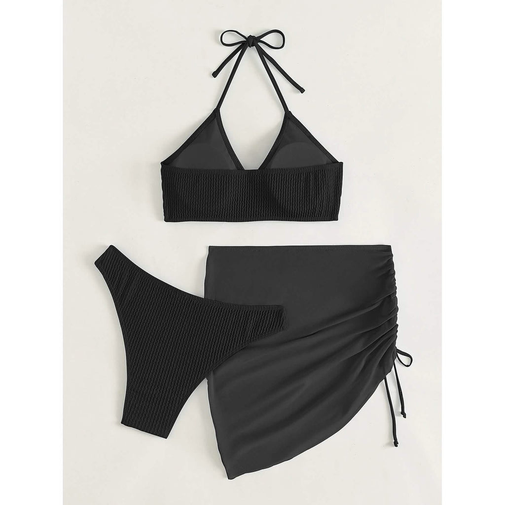 3-Pack: Textured Ring Linked Halter Bikini Swimsuit & Beach Skirt