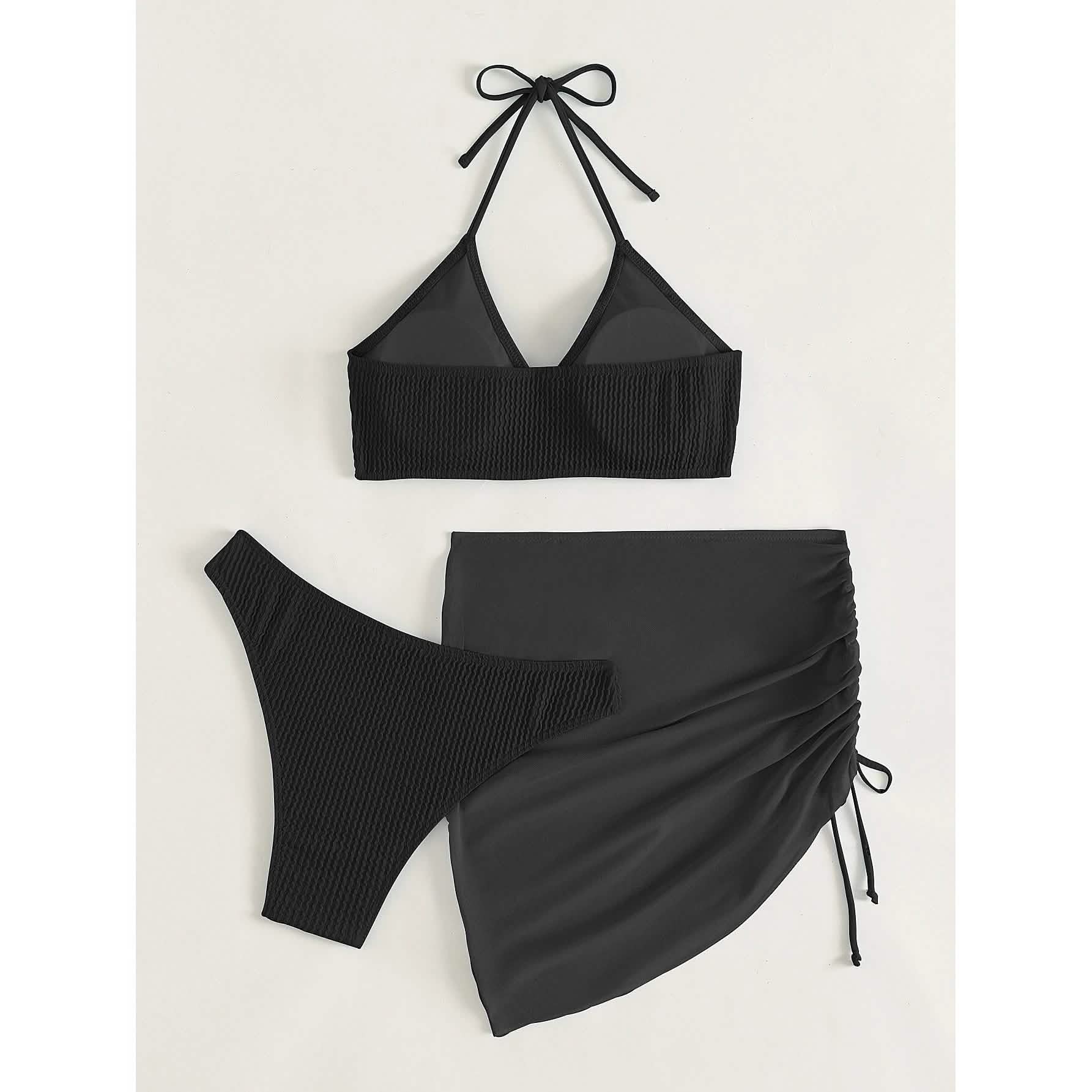 3-Pack: Textured Ring Linked Halter Bikini Swimsuit & Beach Skirt
