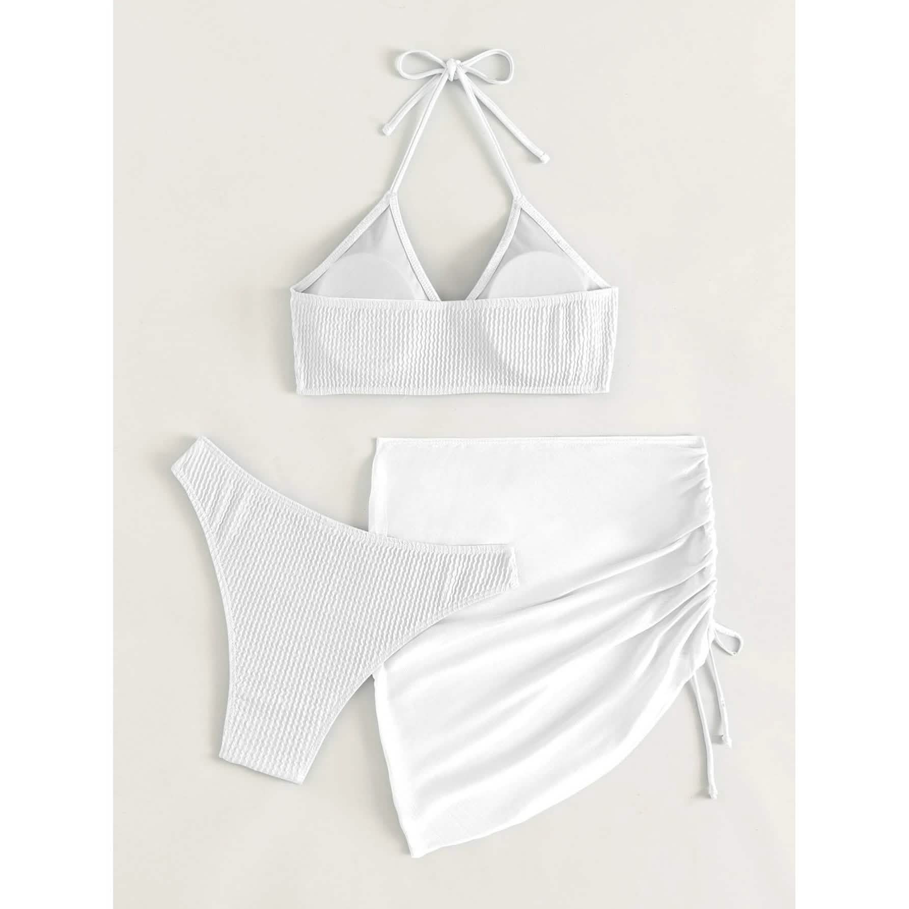 3-Pack: Textured Ring Linked Halter Bikini Swimsuit & Beach Skirt