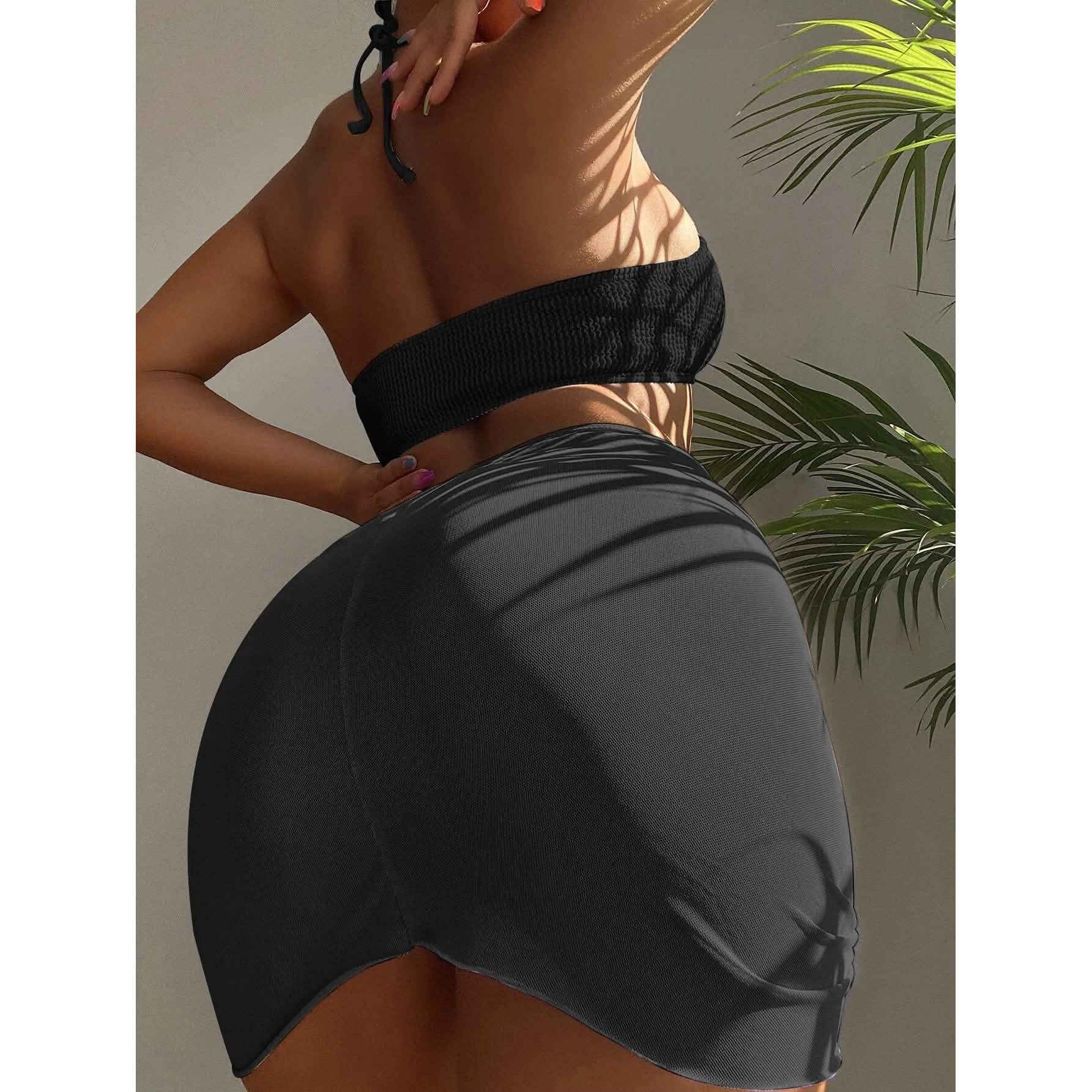 3-Pack: Textured Ring Linked Halter Bikini Swimsuit & Beach Skirt