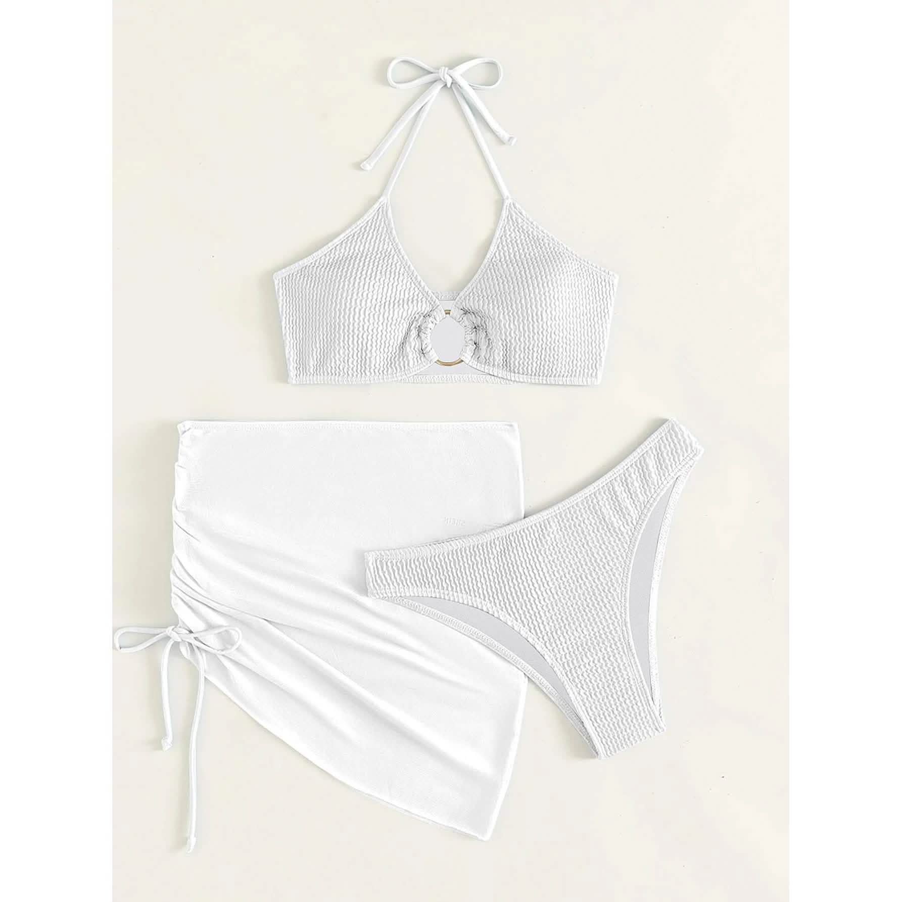 3-Pack: Textured Ring Linked Halter Bikini Swimsuit & Beach Skirt
