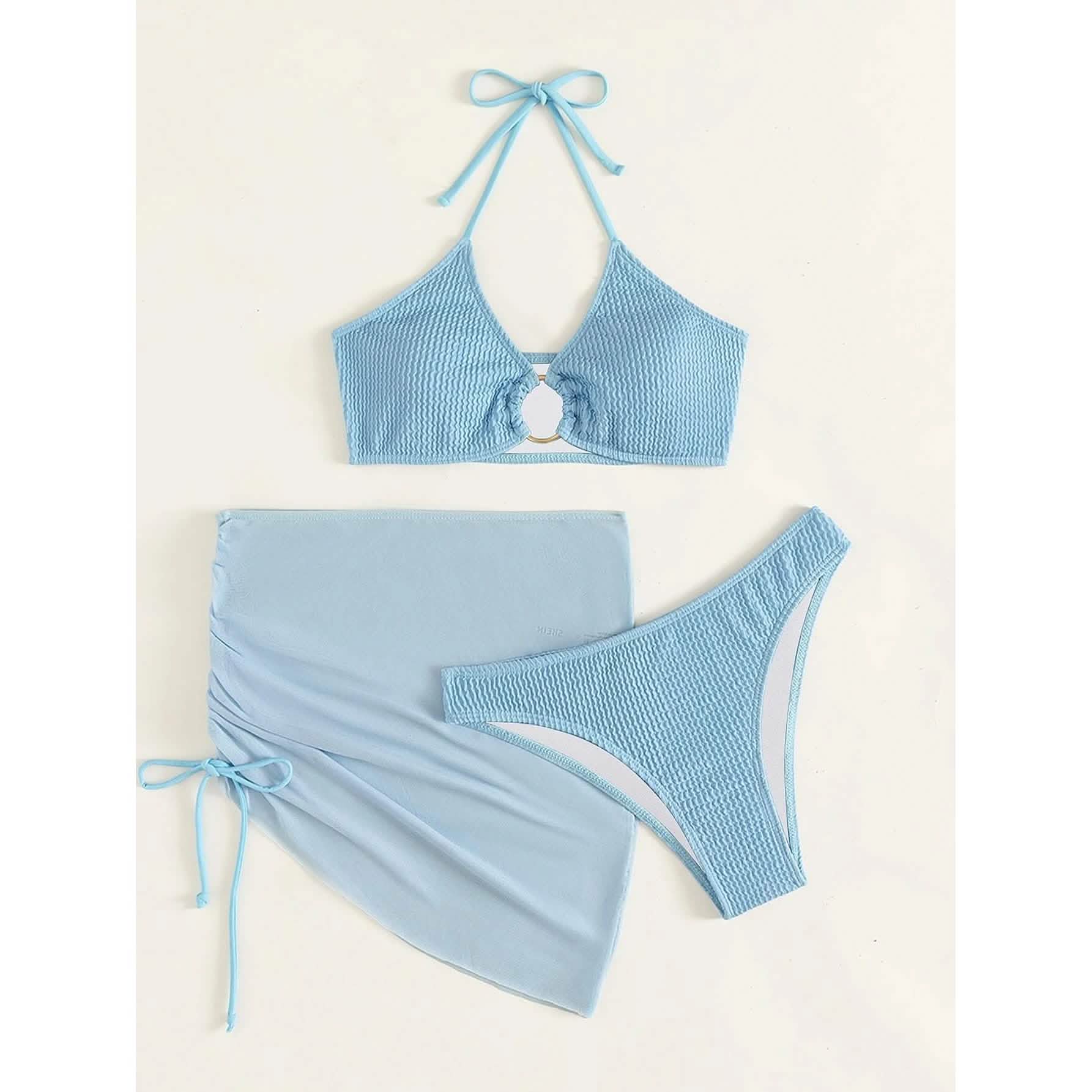 3-Pack: Textured Ring Linked Halter Bikini Swimsuit & Beach Skirt