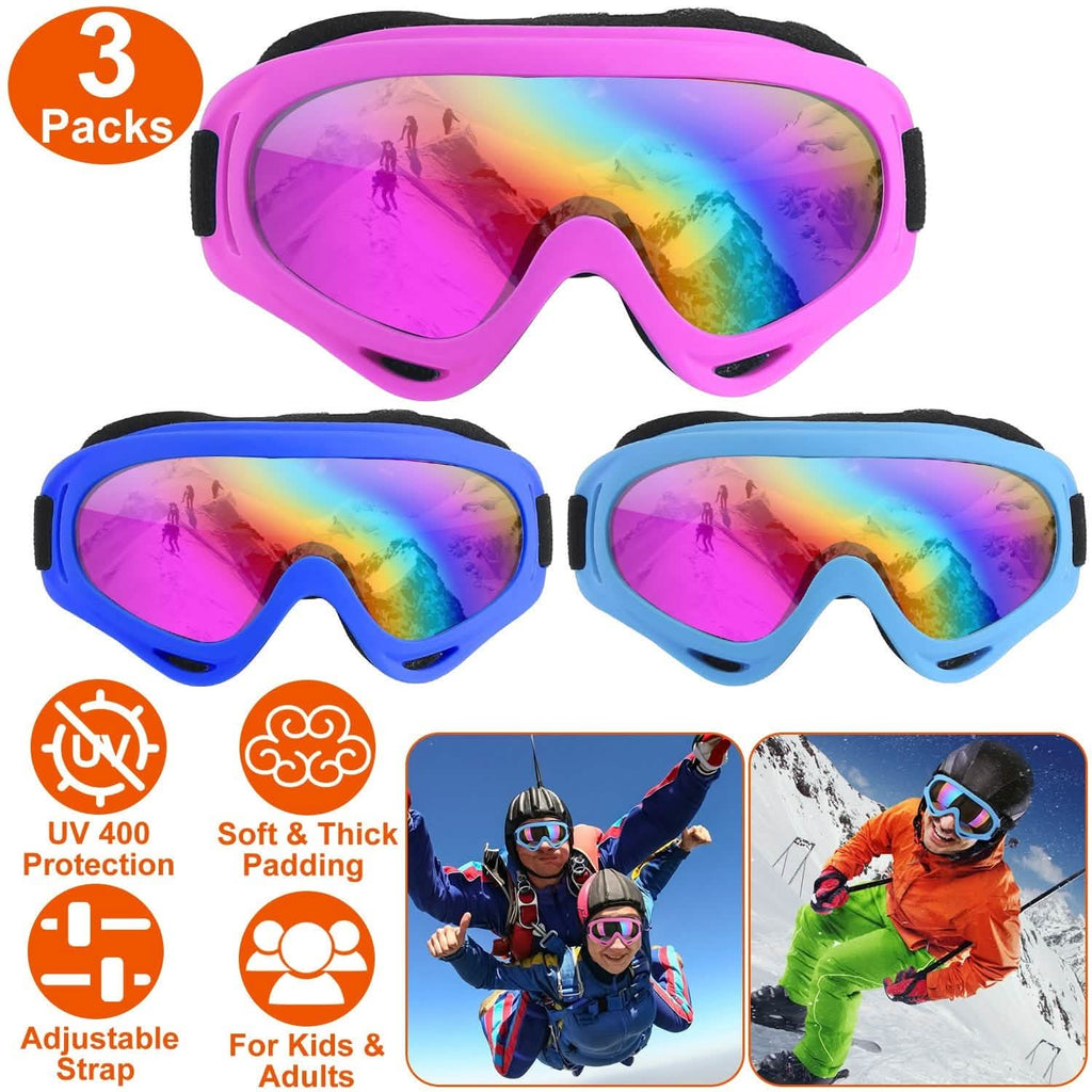 3-Pack: Winter Sports Goggles for Kids and Adults