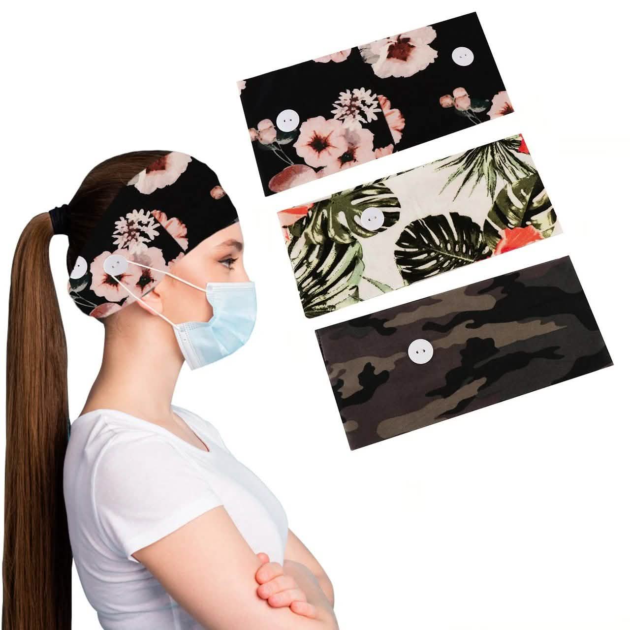 3-Pack: Women's Comfy Stretchy Headband With Buttons For Face Masks and Covers