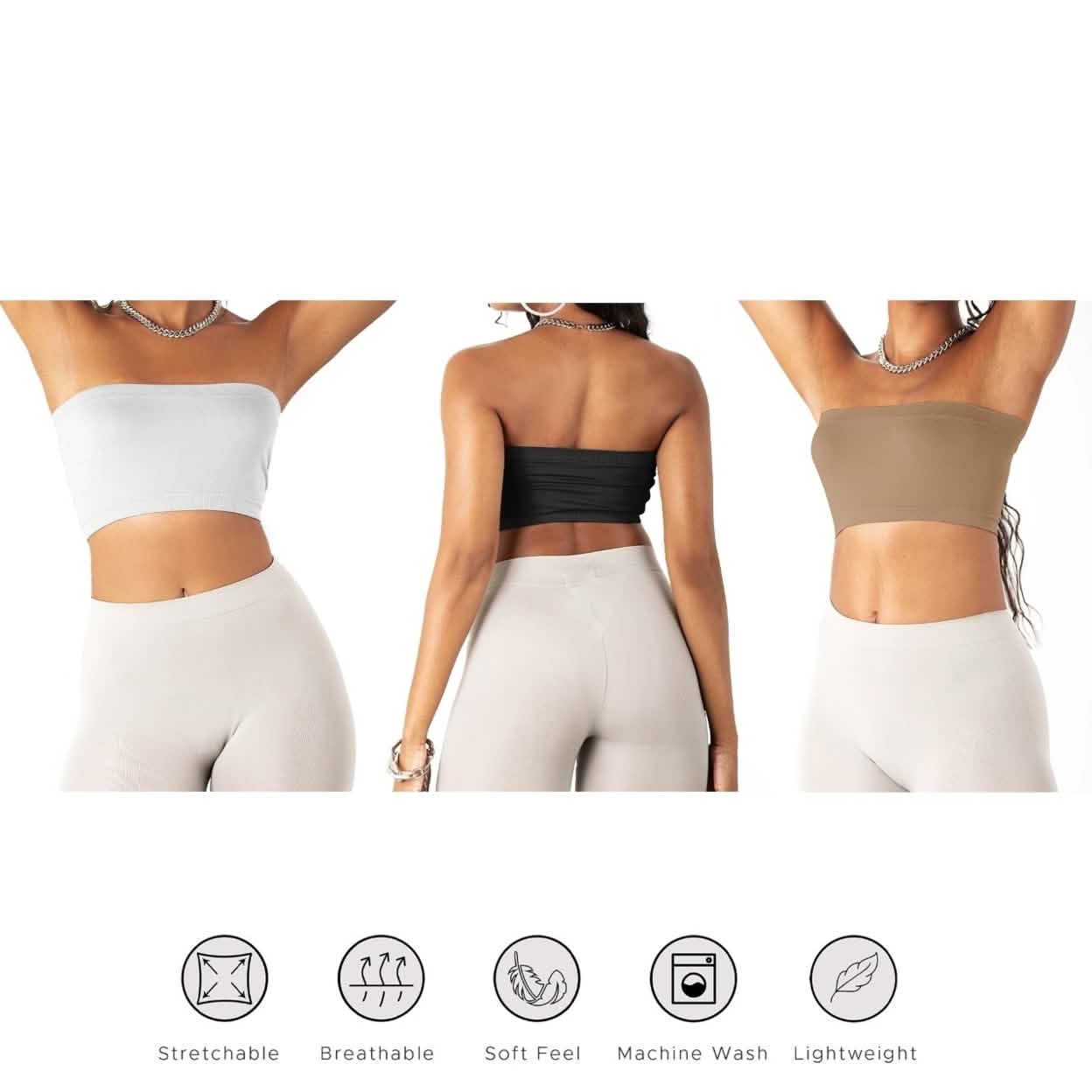 3-Pack: Women's Seamless Strapless Bandeau Crop Tube Top Bra Bralettes