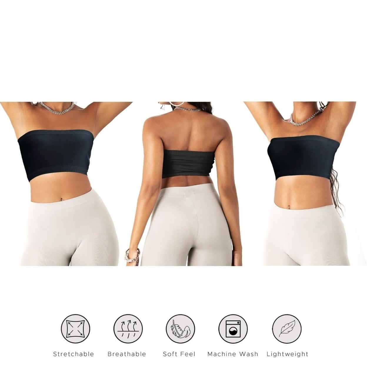 3-Pack: Women's Seamless Strapless Bandeau Crop Tube Top Bra Bralettes