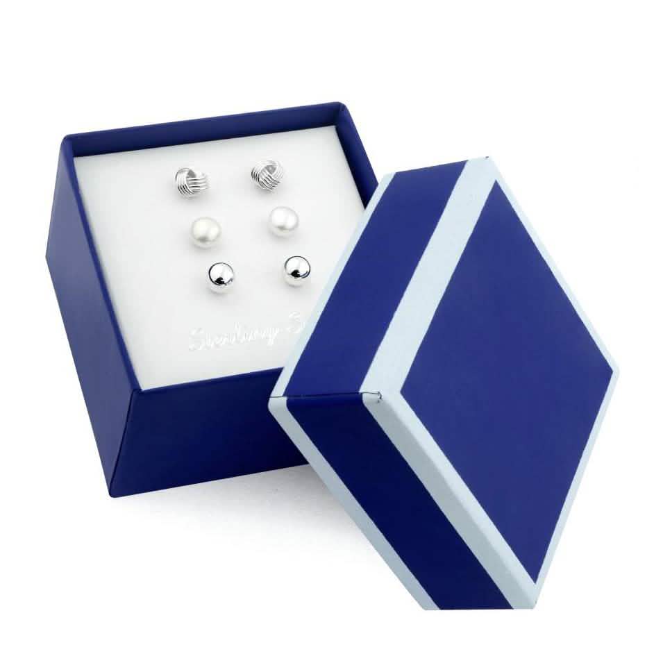 3-Pair Set: Sterling Silver Trio Stud Earring Set