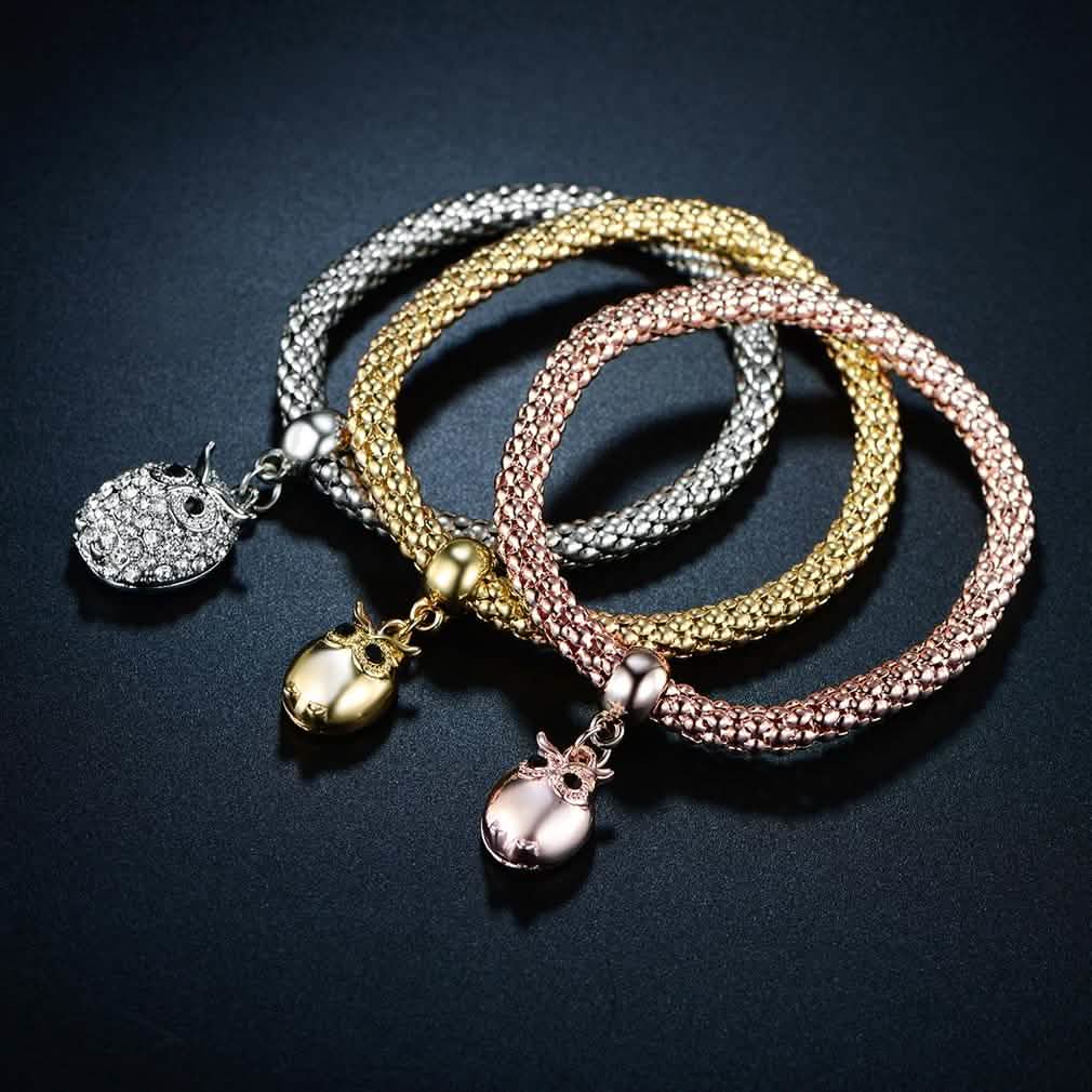 3-Piece: 18K Tri-Tone Owl Charm Stretch Popcorn Bracelet Set