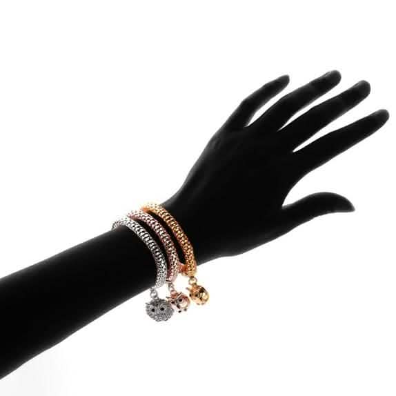 3-Piece: 18K Tri-Tone Owl Charm Stretch Popcorn Bracelet Set