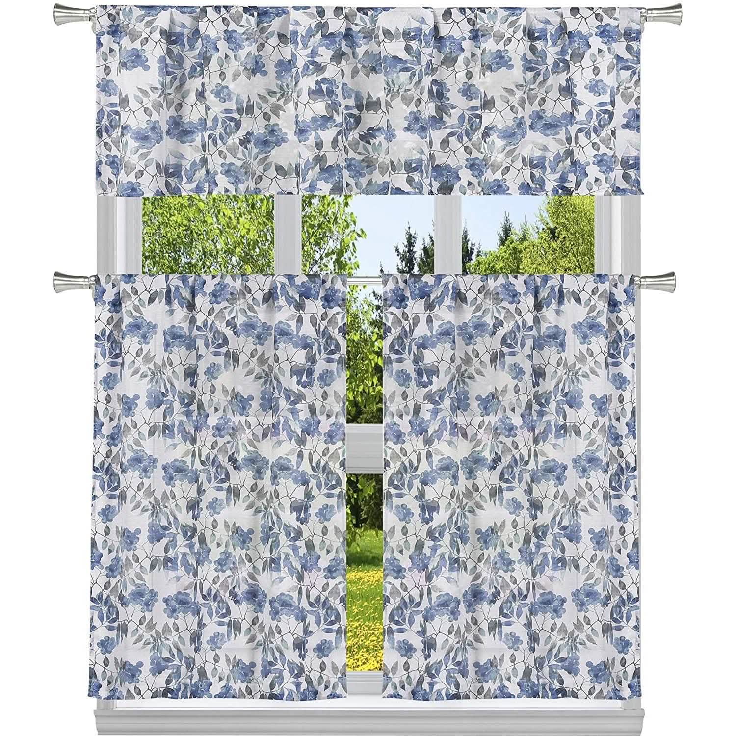3-Piece: Chic Floral Pattern Semi-Sheer Kitchen Curtain Tier and Valance Set