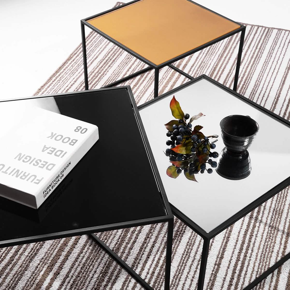 3-Piece: Mirror Top Nesting Coffee Table End Desk/Side Table Set in Black Steel Tube
