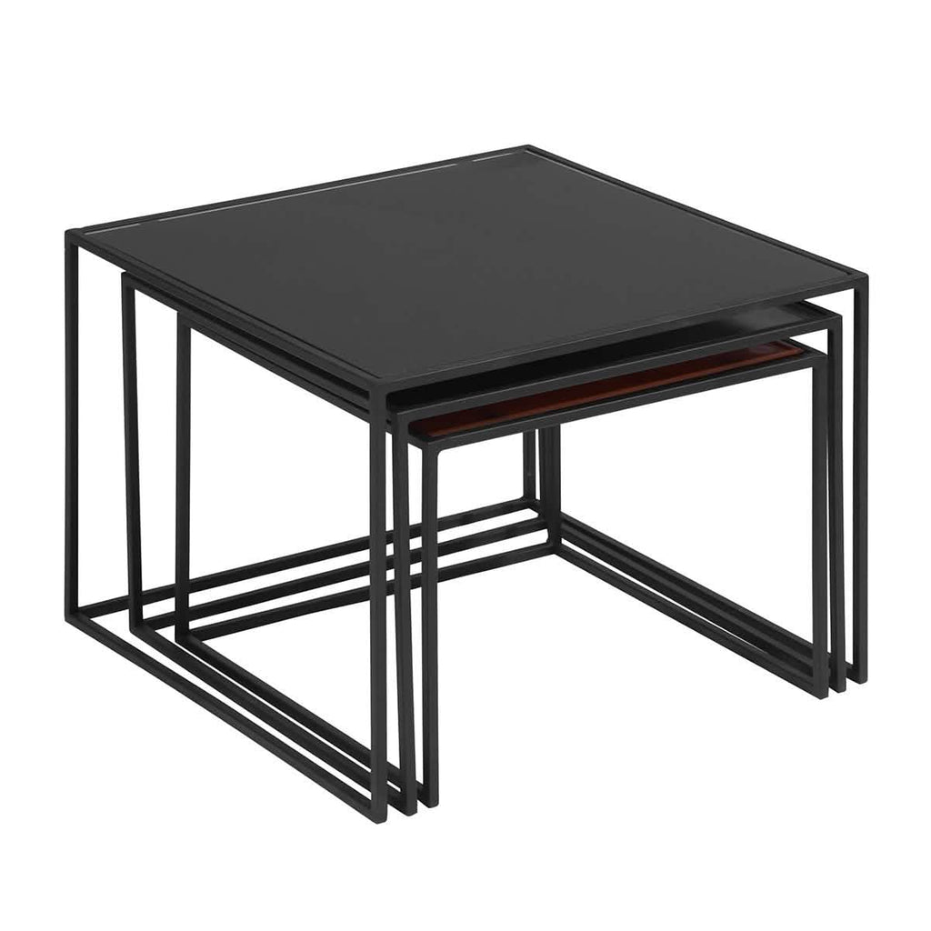 3-Piece: Mirror Top Nesting Coffee Table End Desk/Side Table Set in Black Steel Tube