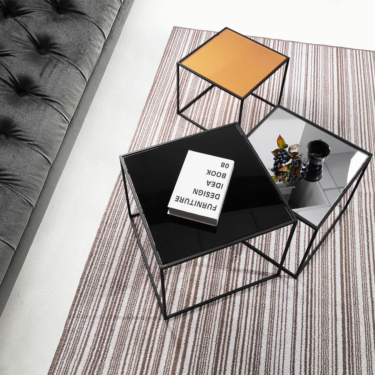 3-Piece: Mirror Top Nesting Coffee Table End Desk/Side Table Set in Black Steel Tube