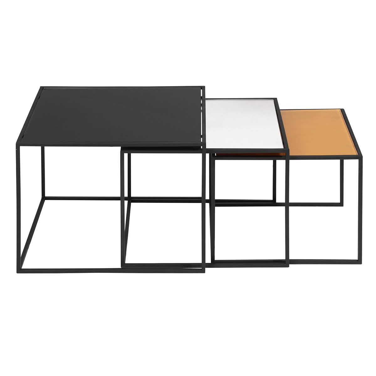 3-Piece: Mirror Top Nesting Coffee Table End Desk/Side Table Set in Black Steel Tube