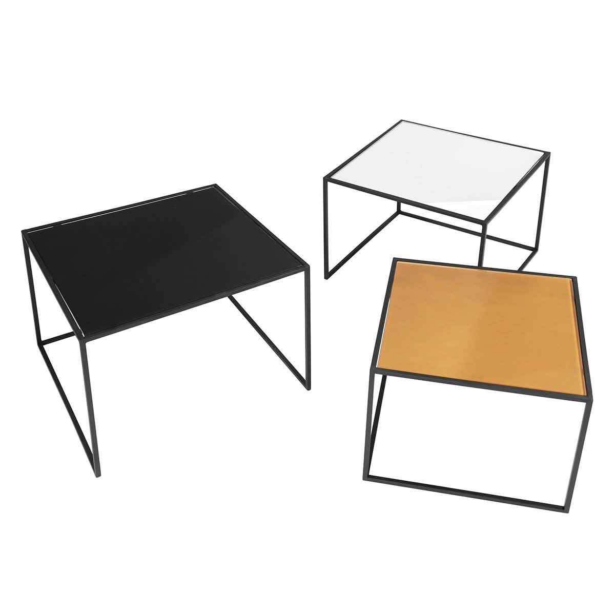 3-Piece: Mirror Top Nesting Coffee Table End Desk/Side Table Set in Black Steel Tube
