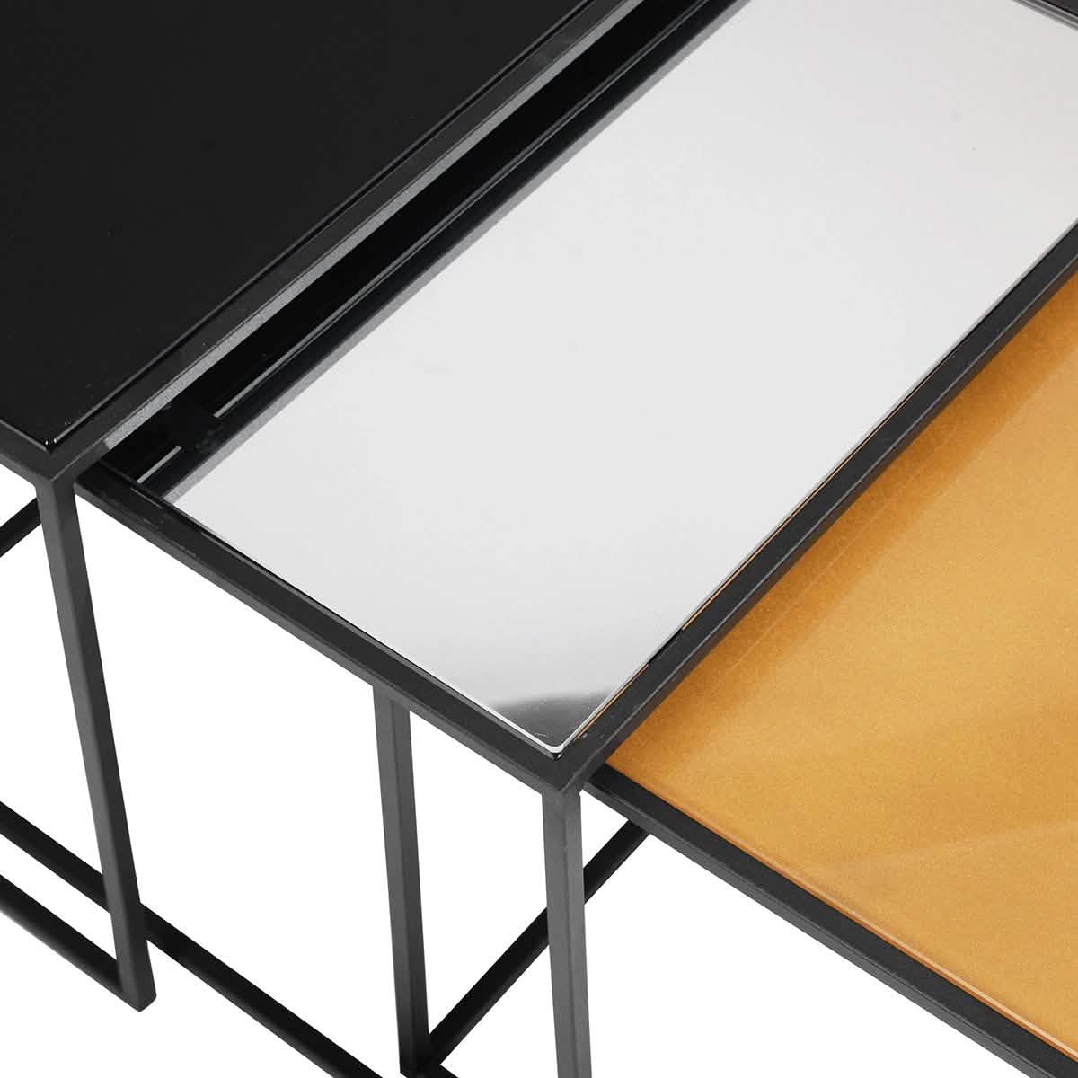 3-Piece: Mirror Top Nesting Coffee Table End Desk/Side Table Set in Black Steel Tube