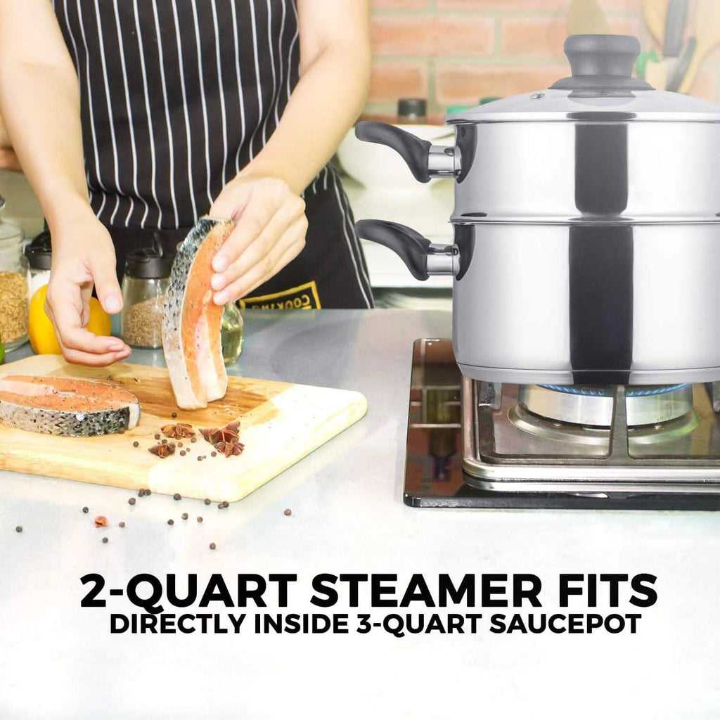 3-Piece Set: Chef's Star Stainless Steel Cookware 2 Quart Steamer Basket Set