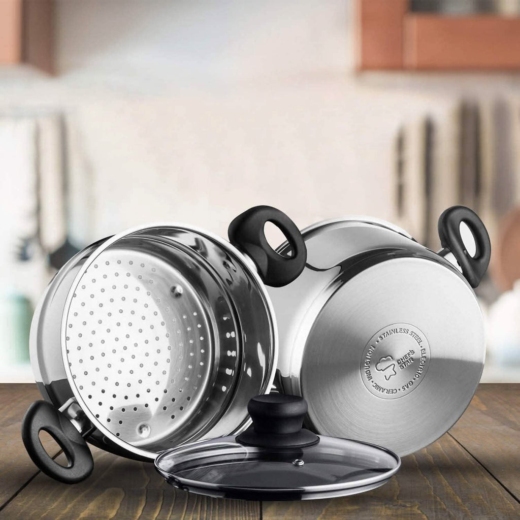 3-Piece Set: Chef's Star Stainless Steel Cookware 2 Quart Steamer Basket Set