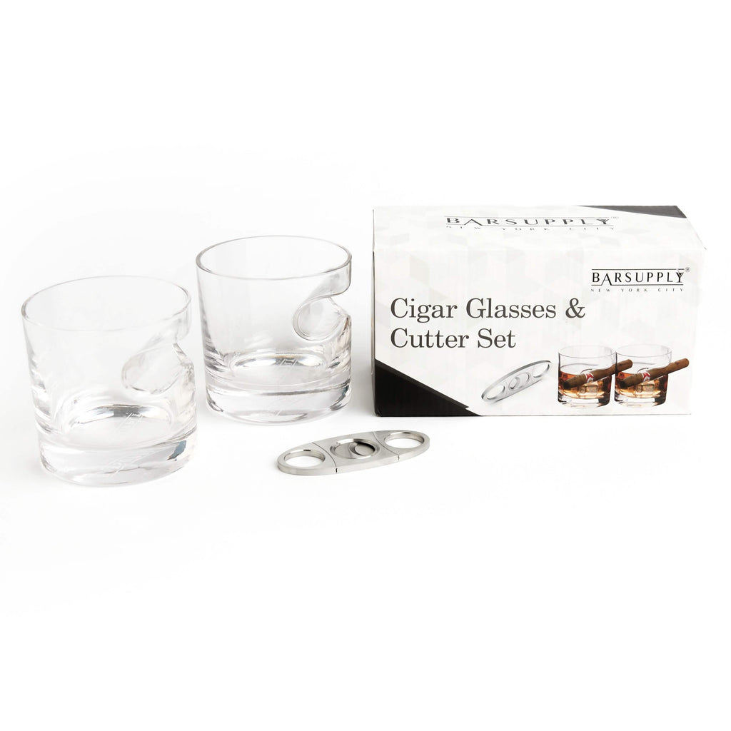 3-Piece Set: Cigar-Holding Whiskey Glasses with Cigar Cutter