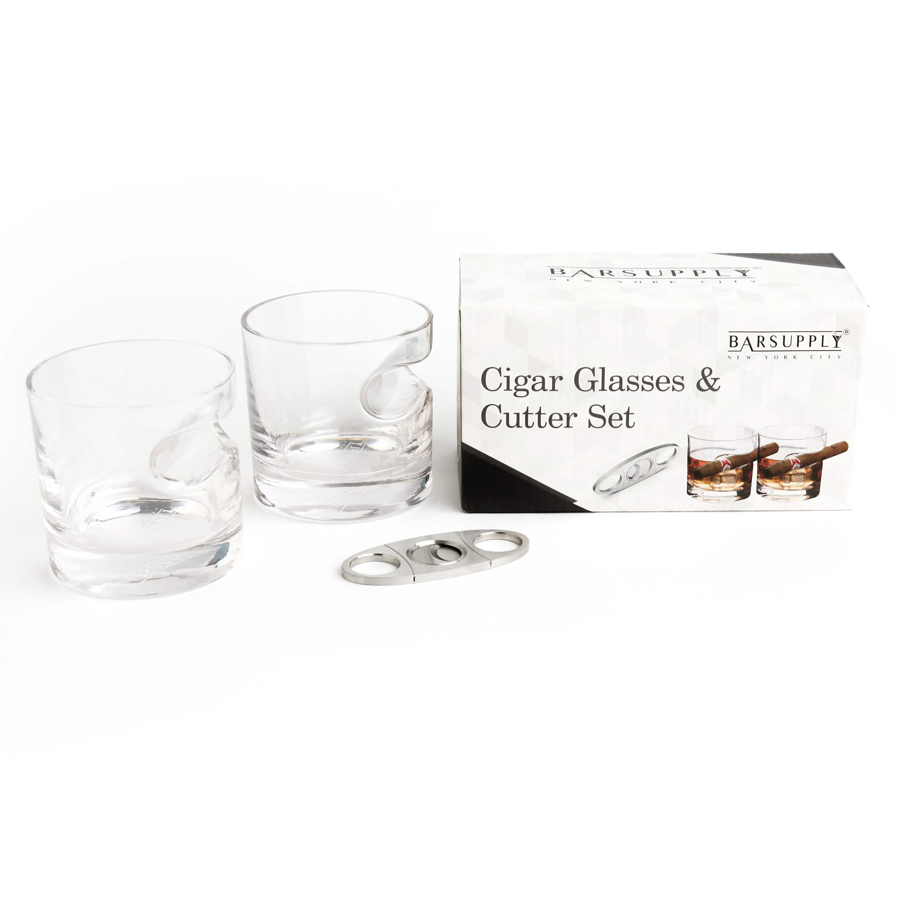 3-Piece Set: Cigar-Holding Whiskey Glasses with Cigar Cutter