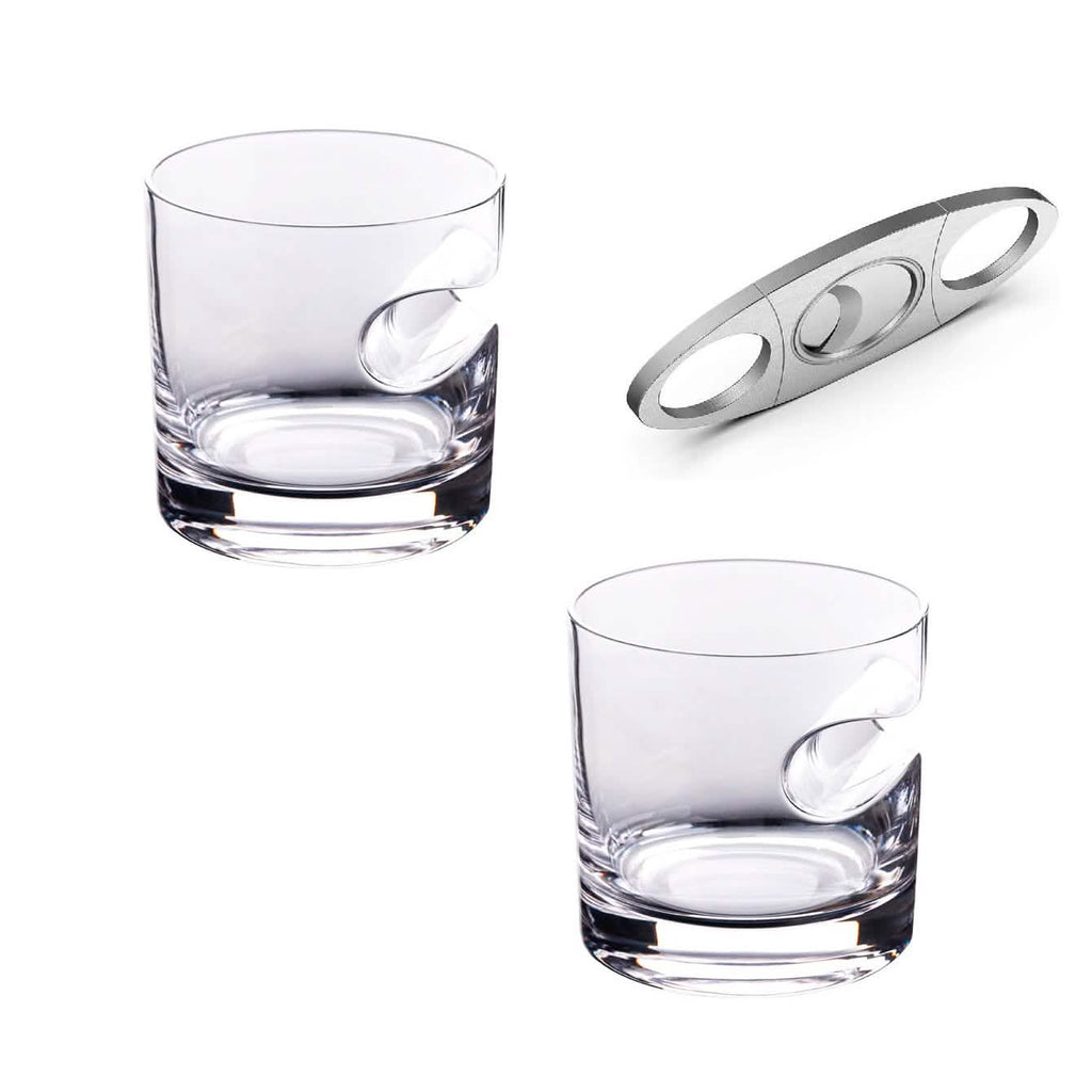 3-Piece Set: Cigar-Holding Whiskey Glasses with Cigar Cutter