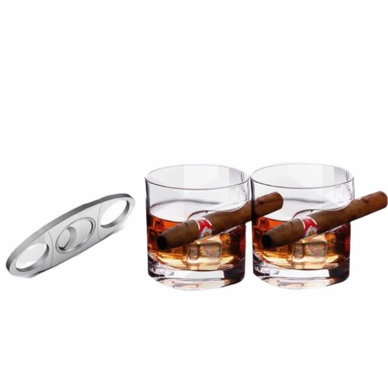 3-Piece Set: Cigar-Holding Whiskey Glasses with Cigar Cutter