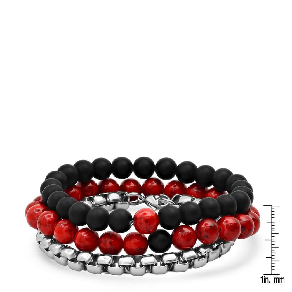 3-Piece Set: Men's Black Lava, Red Agate And Round Box Link Bracelets