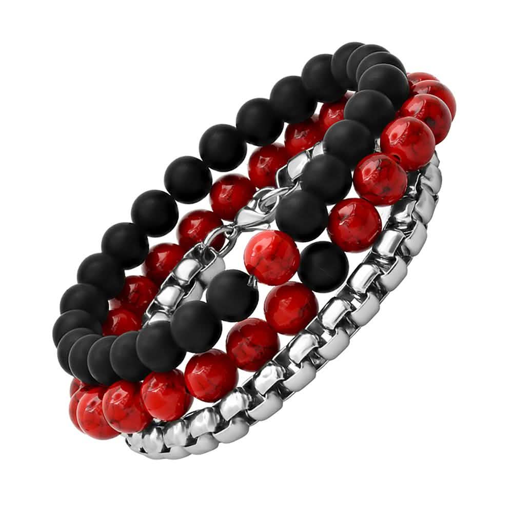 3-Piece Set: Men's Black Lava, Red Agate And Round Box Link Bracelets